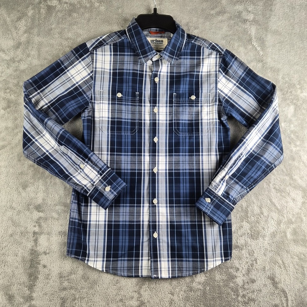 Urban Pipeline Shirt Teen Boy‎ Large Navy Blue White Plaid Long Sleeve Max Wear